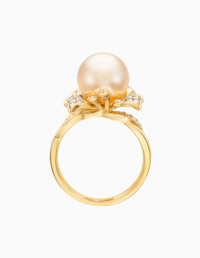 Golden South Sea Pearl Daffodil Flower Ring with Diamond Petals