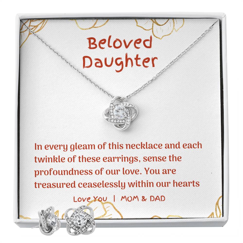 Forever Linked: Radiant Love Knot Necklace and Earring Set for Daughters