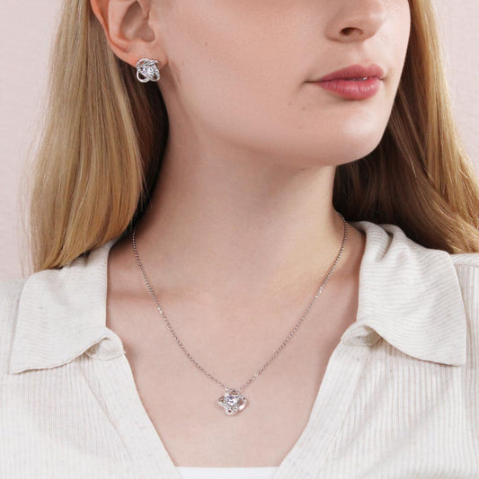 Forever Linked: Radiant Love Knot Necklace and Earring Set for Daughters