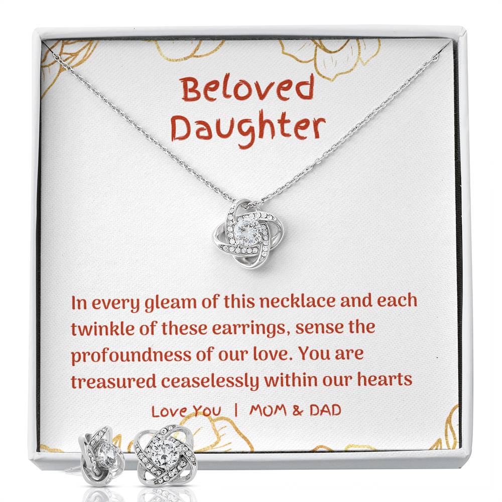 Forever Linked: Radiant Love Knot Necklace and Earring Set for Daughters