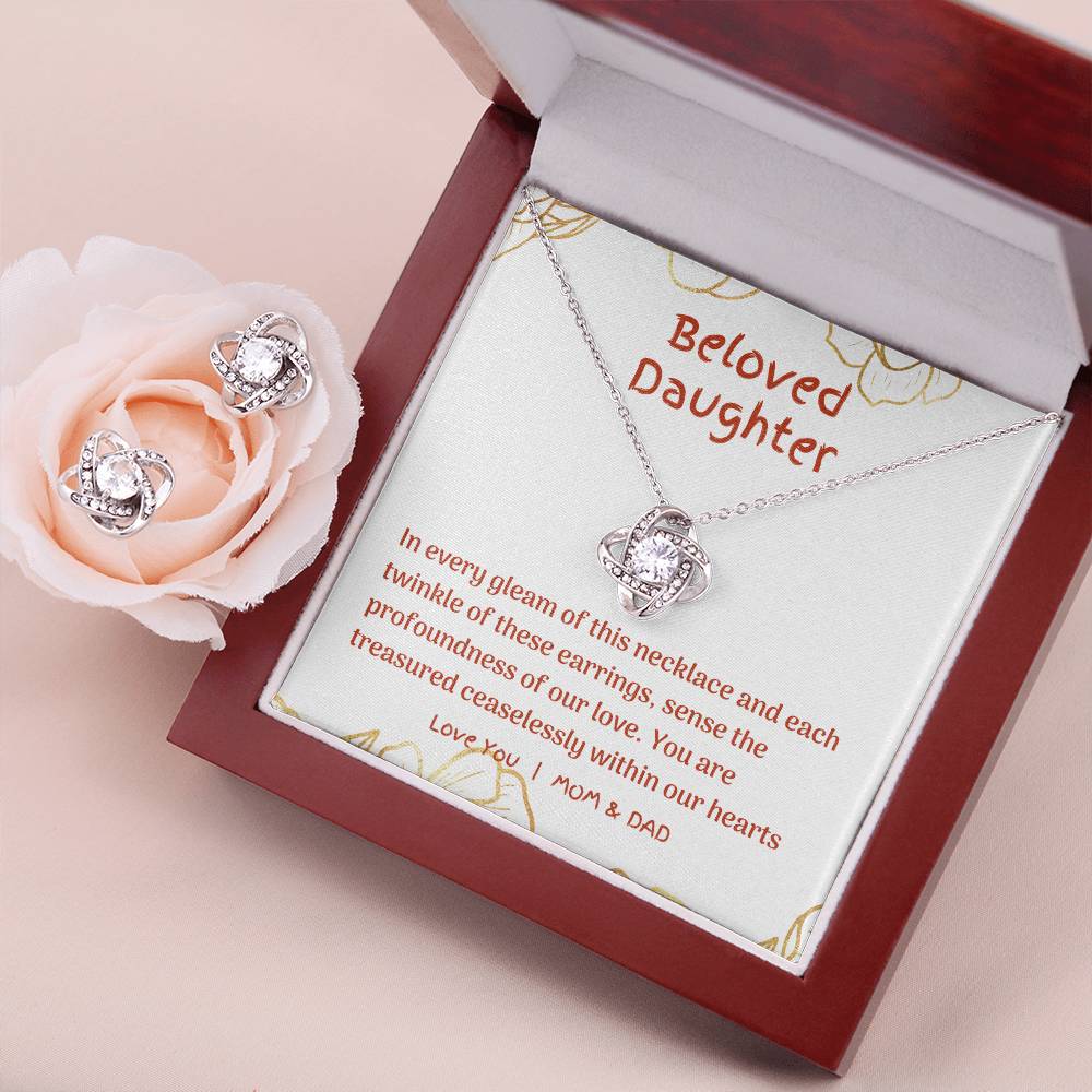 Forever Linked: Radiant Love Knot Necklace and Earring Set for Daughters