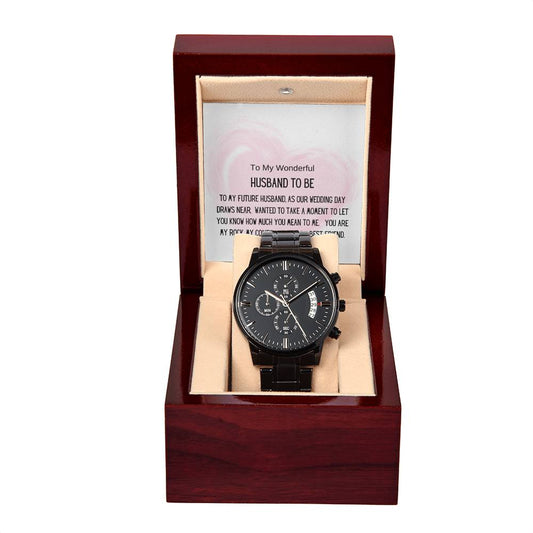 Gift for Husband To Be, Stylish Men's Black Chronograph Watch in a Box